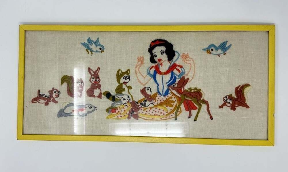 Vintage Embroidered Snow White Woodland Animals Framed Needlepoint Art
